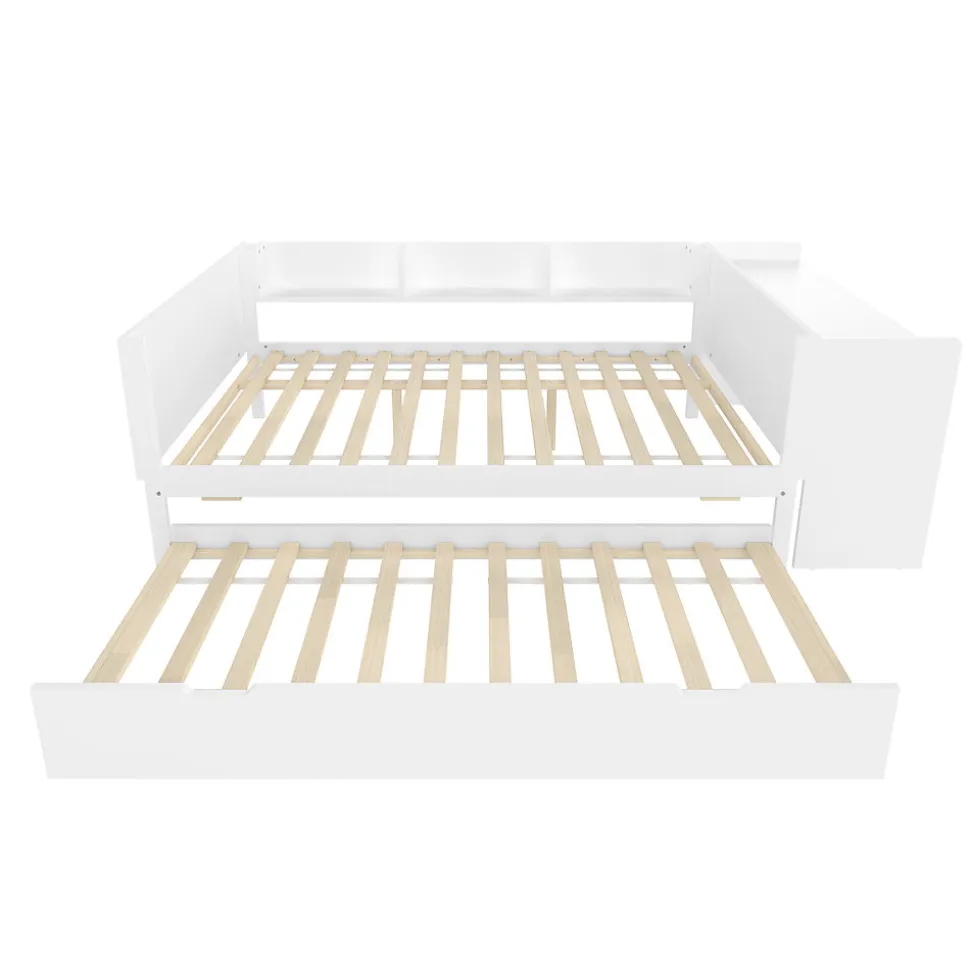 Lit 140x200 cm avec bureau intégré et lit gigogne, structure pin blanc et 3 étagères fonctionnelles