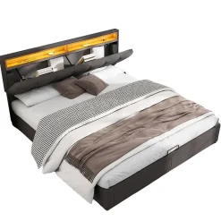 Lit 160x200 cm avec éclairage LED intégré, tête de lit rembourrée en lin gris foncé et cadre métal robuste