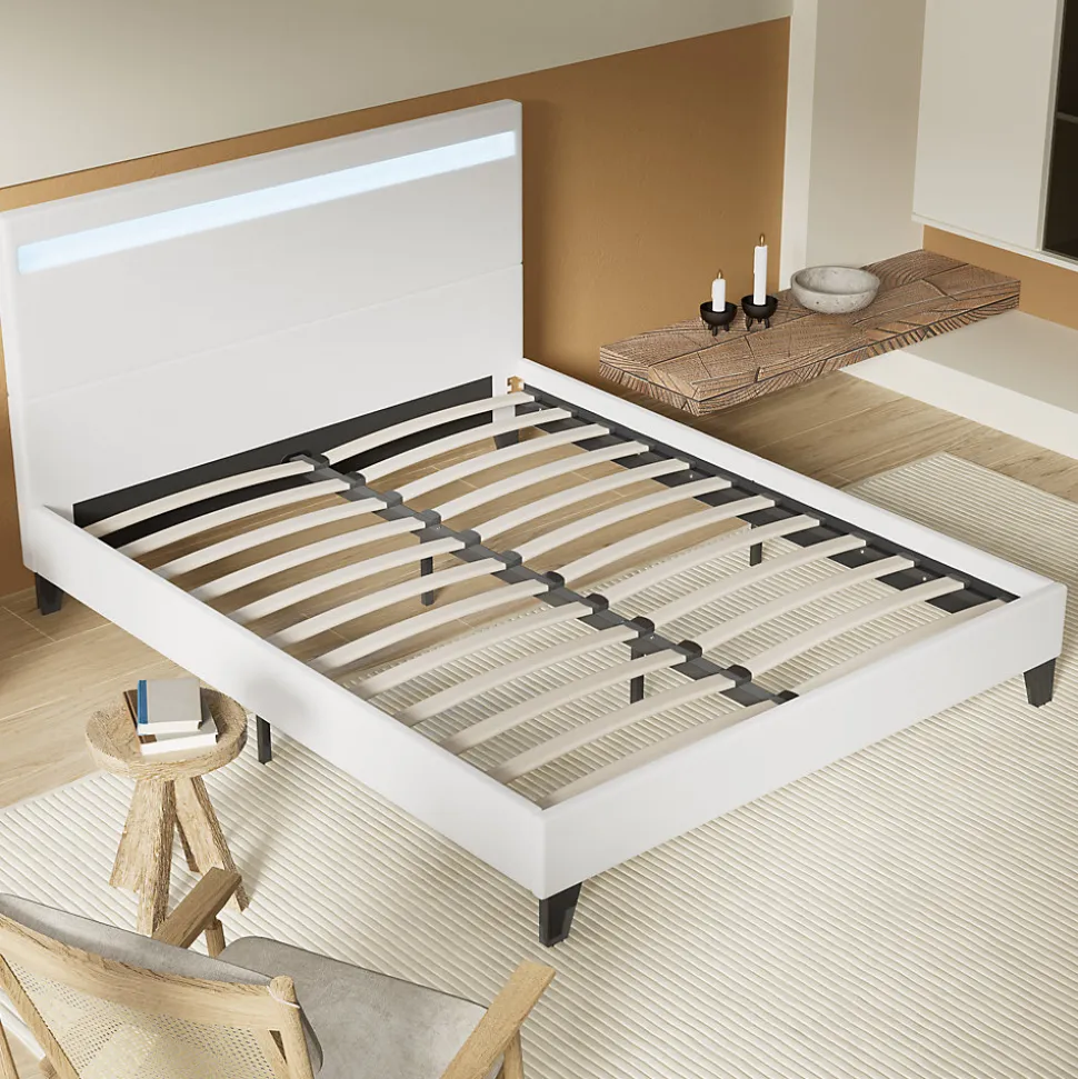 Lit 140x200 cm avec Éclairage LED Simili Blanc