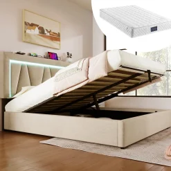 Lit 160x200 cm avec éclairage LED et ports USB Type-C, coffre de rangement intégré, revêtement lin beige