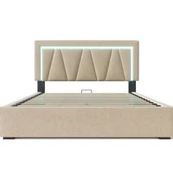 Lit 160x200 cm avec éclairage LED et ports USB Type-C, coffre de rangement intégré, revêtement lin beige