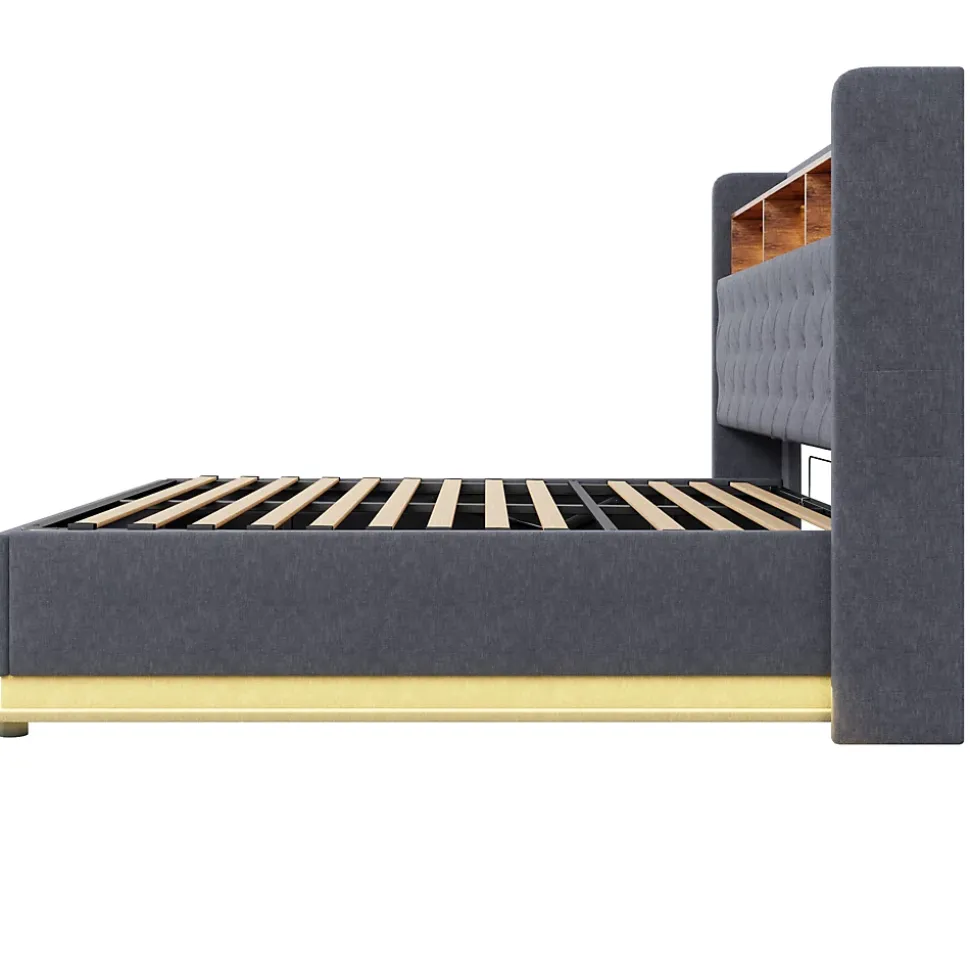 Lit 180x200 cm avec éclairage LED multicolore et rangement hydraulique, tapissé tissu lin gris, cadre métal