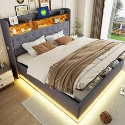 Lit 180x200 cm avec éclairage LED multicolore et rangement hydraulique, tapissé tissu lin gris, cadre métal