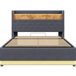 Lit 180x200 cm avec éclairage LED multicolore et rangement hydraulique, tapissé tissu lin gris, cadre métal