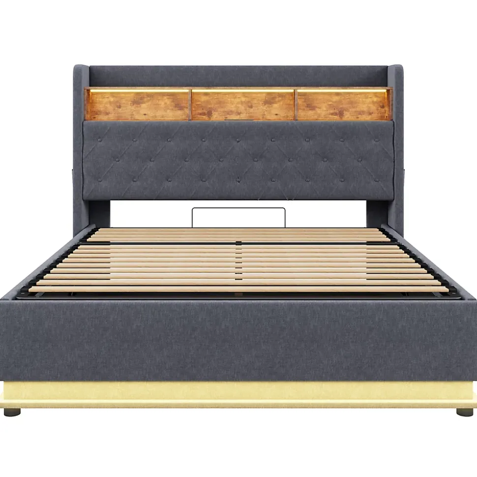 Lit 180x200 cm avec éclairage LED multicolore et rangement hydraulique, tapissé tissu lin gris, cadre métal