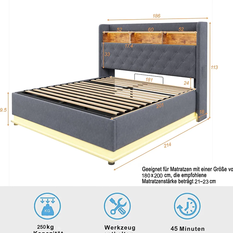 Lit 180x200 cm avec éclairage LED multicolore et rangement hydraulique, tapissé tissu lin gris, cadre métal