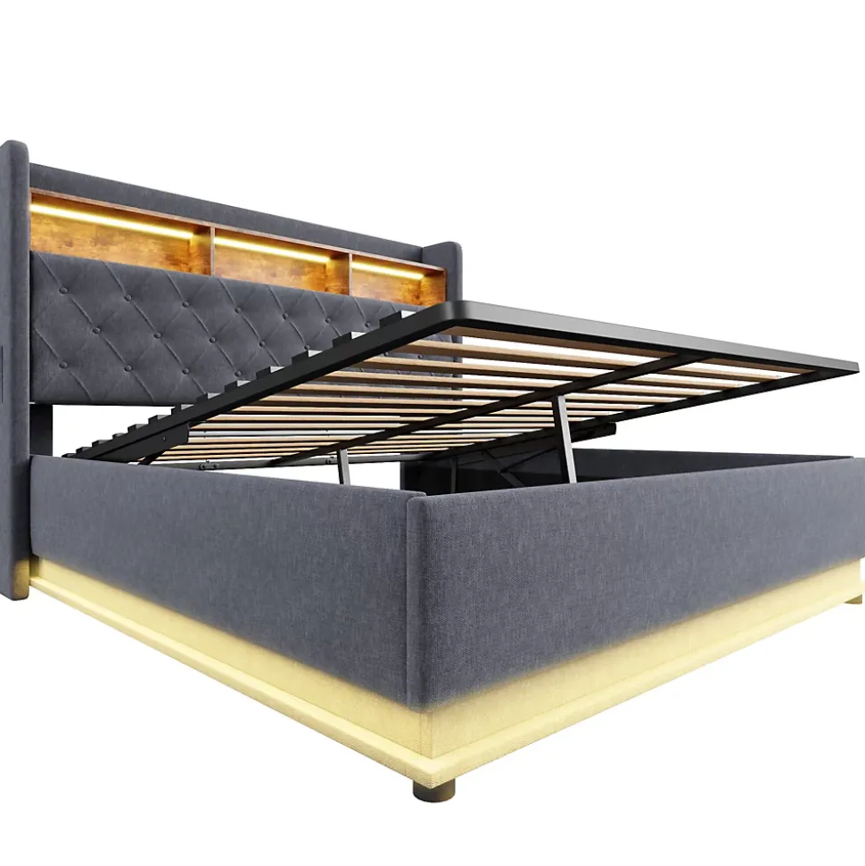 Lit 180x200 cm avec éclairage LED multicolore et rangement hydraulique, tapissé tissu lin gris, cadre métal