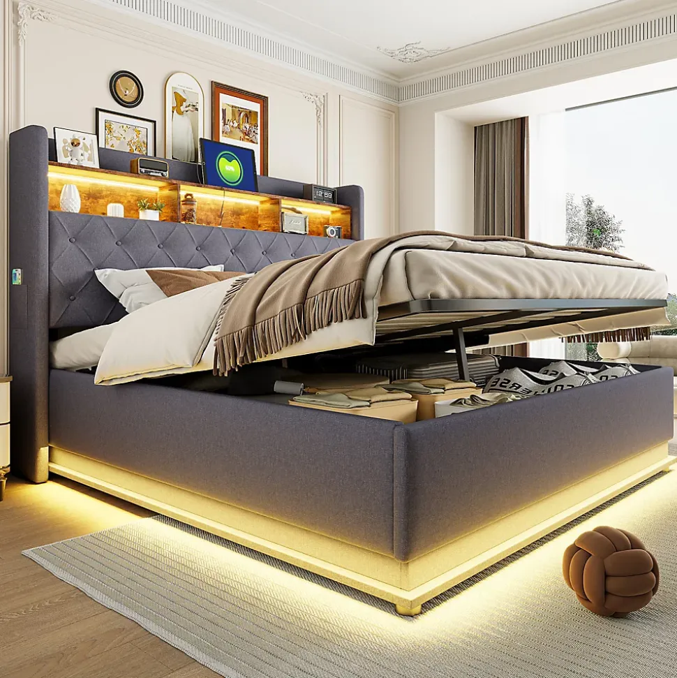 Lit 180x200 cm avec éclairage LED multicolore et rangement hydraulique, tapissé tissu lin gris, cadre métal