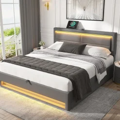Lit 140x200 cm avec éclairage LED, ports USB rétractables et rangement, revêtement PU effet litchi gris