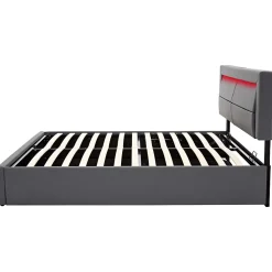 Lit 140x200 cm avec éclairage LED, ports USB rétractables et rangement, revêtement PU effet litchi gris