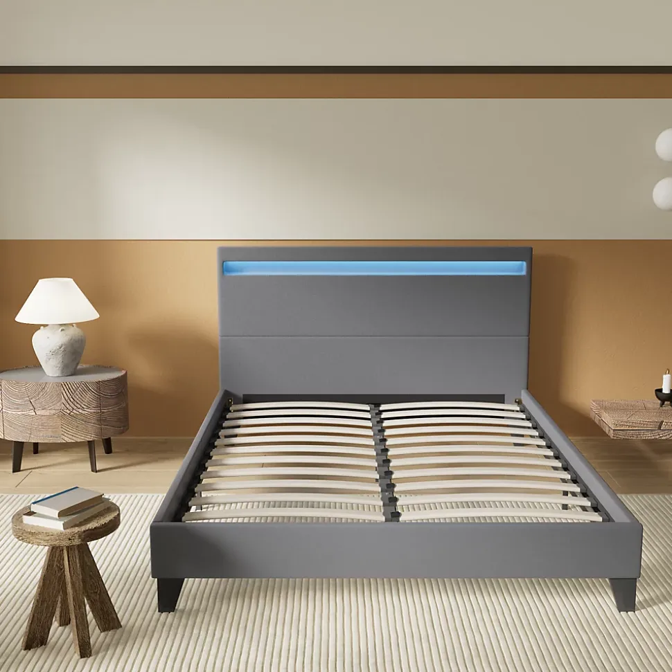 Lit 140x190 cm avec Éclairage LED Simili Gris