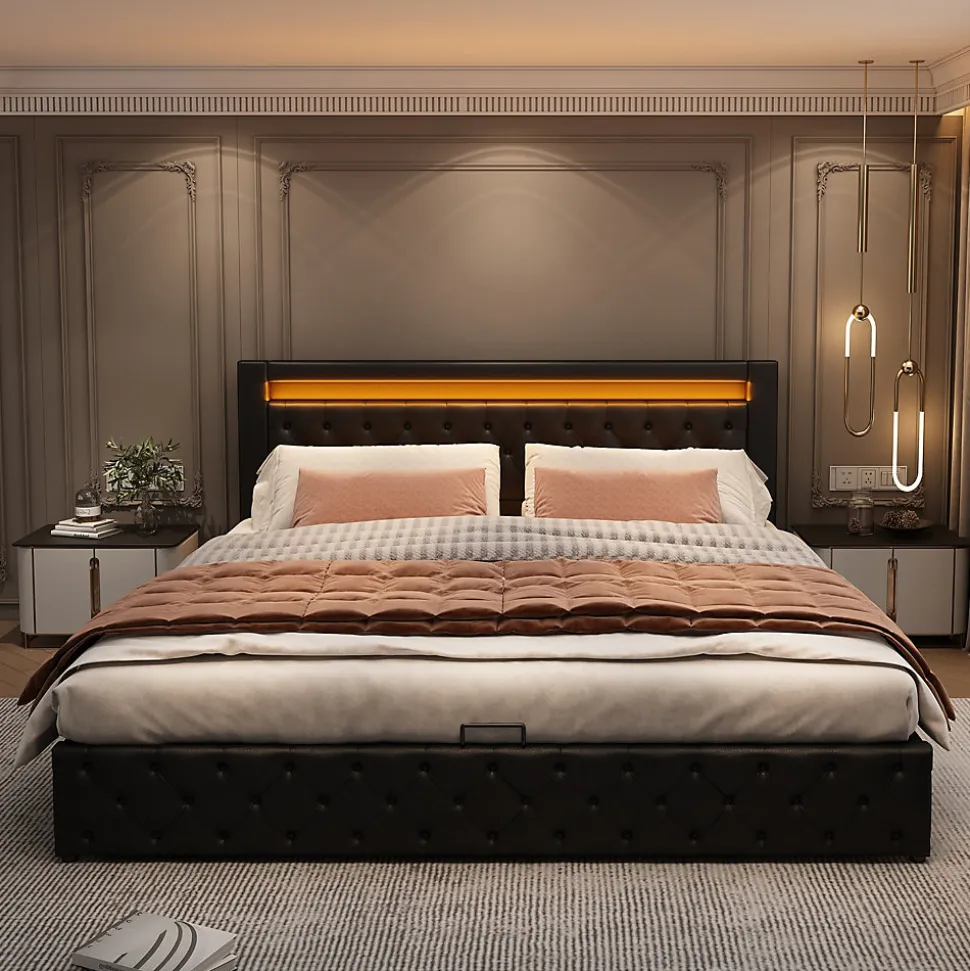 Lit 180x200 cm avec coffre de rangement, tête rembourrée et éclairage LED, tapissé PU noir