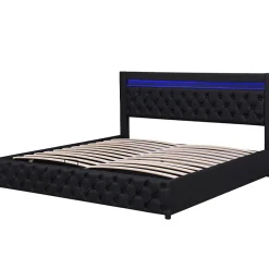 Lit 180x200 cm avec coffre de rangement, tête rembourrée et éclairage LED, tapissé PU noir