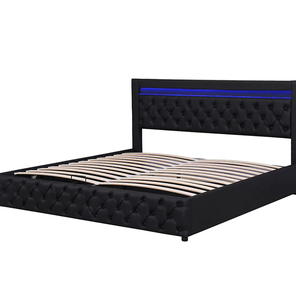 Lit 180x200 cm avec coffre de rangement, tête rembourrée et éclairage LED, tapissé PU noir