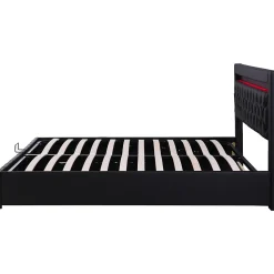 Lit 180x200 cm avec coffre de rangement, tête rembourrée et éclairage LED, tapissé PU noir