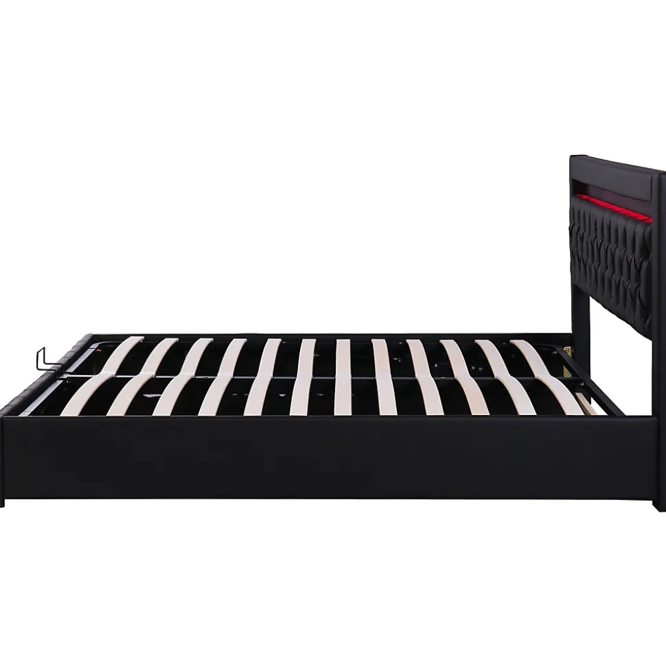 Lit 180x200 cm avec coffre de rangement, tête rembourrée et éclairage LED, tapissé PU noir