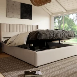 Lit 160x200 cm avec coffre de rangement hydraulique et tête de lit tapissée en lin beige, design moderne