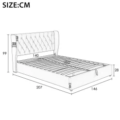 Lit 140x200 cm avec coffre de rangement hydraulique et tête de lit capitonnée en velours beige