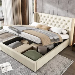 Lit 140x200 cm avec coffre de rangement hydraulique et tête de lit capitonnée en velours beige