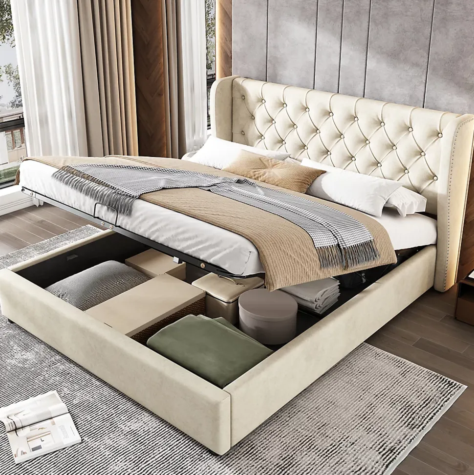 Lit 140x200 cm avec coffre de rangement hydraulique et tête de lit capitonnée en velours beige