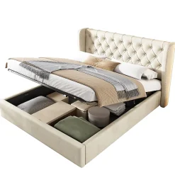 Lit 140x200 cm avec coffre de rangement hydraulique et tête de lit capitonnée en velours beige