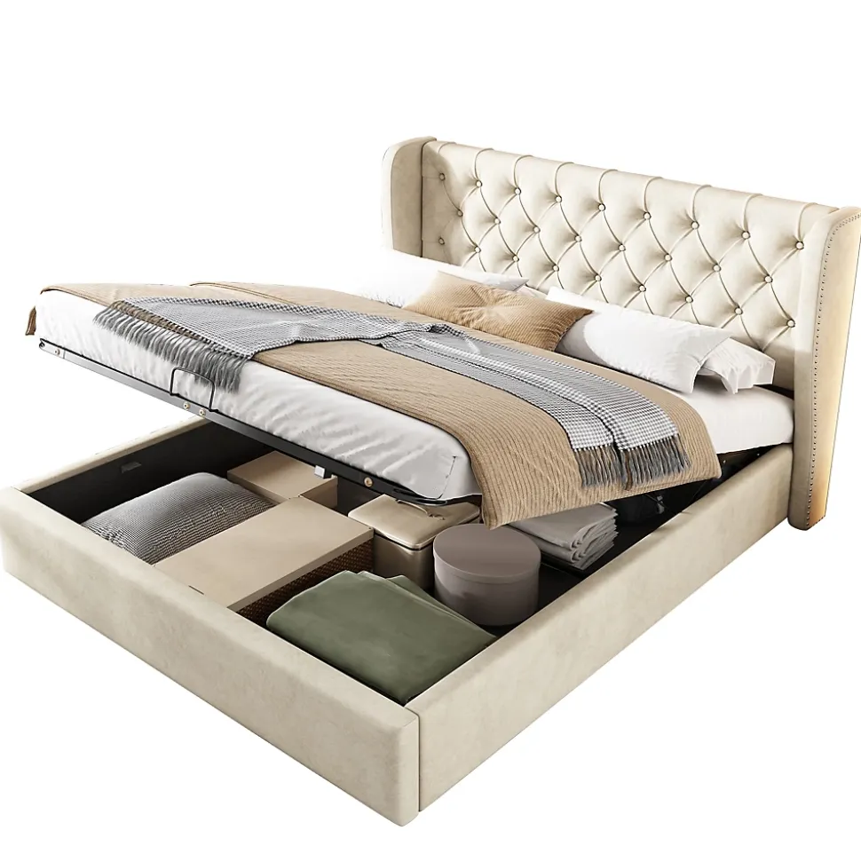 Lit 140x200 cm avec coffre de rangement hydraulique et tête de lit capitonnée en velours beige