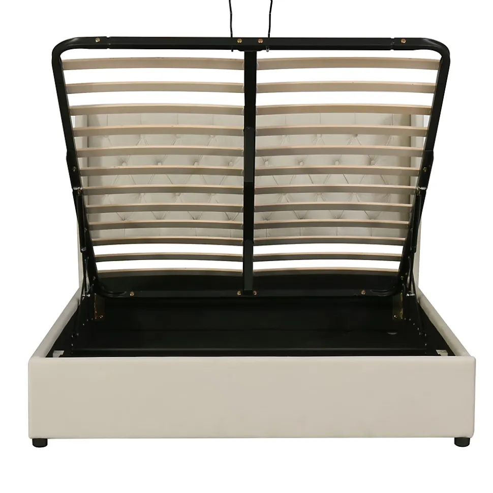 Lit 140x200 cm avec coffre de rangement hydraulique et tête de lit capitonnée en velours beige