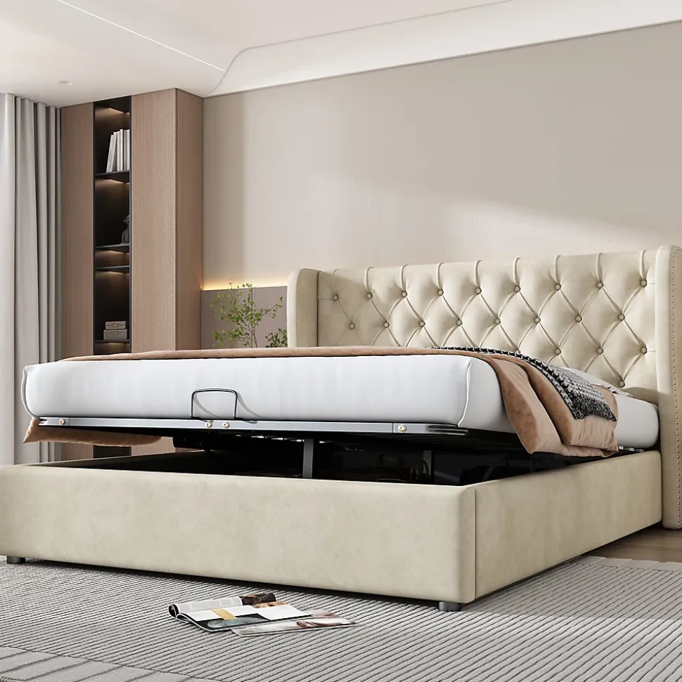 Lit 140x200 cm avec coffre de rangement hydraulique et tête de lit capitonnée en velours beige