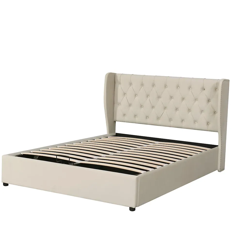 Lit 140x200 cm avec coffre de rangement hydraulique et tête de lit capitonnée en velours beige