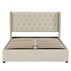 Lit 140x200 cm avec coffre de rangement hydraulique et tête de lit capitonnée en velours beige