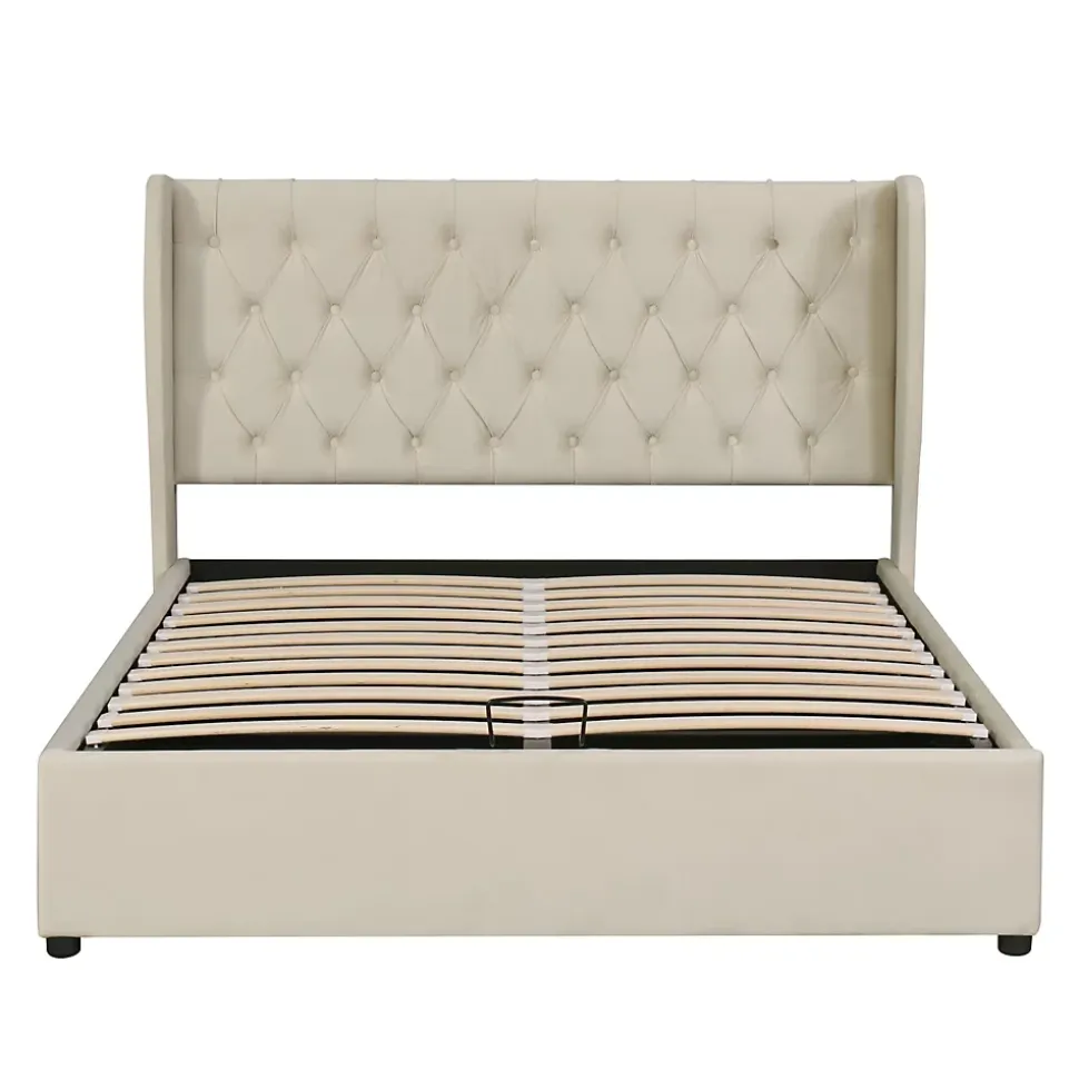 Lit 140x200 cm avec coffre de rangement hydraulique et tête de lit capitonnée en velours beige