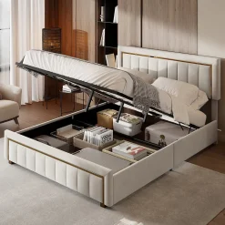 Lit 140x200 cm avec coffre de rangement, tête de lit, sommier à lattes, velours beige, pour ados et adultes