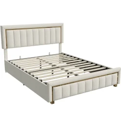 Lit 140x200 cm avec coffre de rangement, tête de lit, sommier à lattes, velours beige, pour ados et adultes