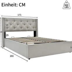 Lit 160x200 cm avec coffre de rangement et tête rembourrée en coton gris clair, cadre bois massif