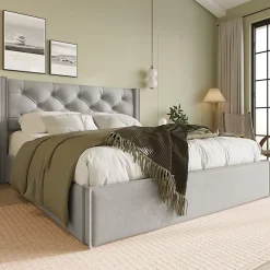 Lit 160x200 cm avec coffre de rangement et tête rembourrée en coton gris clair, cadre bois massif