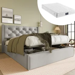Lit 160x200 cm avec coffre de rangement et tête rembourrée en coton gris clair, cadre bois massif