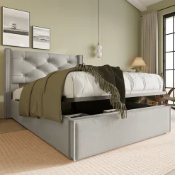 Lit 90x200 cm avec coffre de rangement, tête de lit matelassée en coton gris clair et sommier à lattes