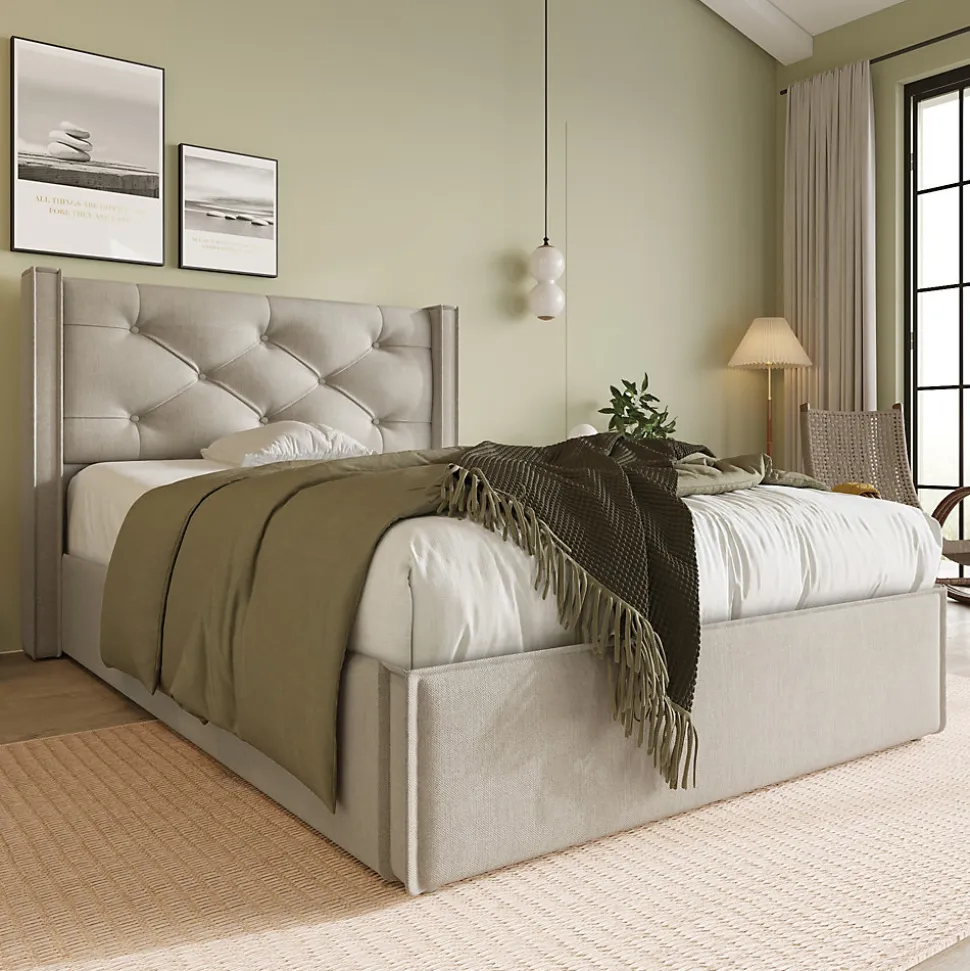 Lit 90x200 cm avec coffre de rangement, tête de lit matelassée en coton gris clair et sommier à lattes