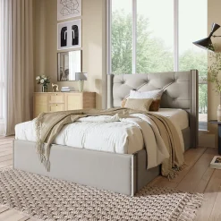 Lit 90x200 cm avec coffre de rangement, tête de lit matelassée en coton gris clair et sommier à lattes