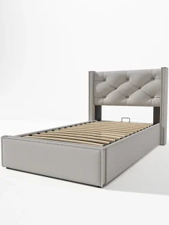Lit 90x200 cm avec coffre de rangement, tête de lit matelassée en coton gris clair et sommier à lattes