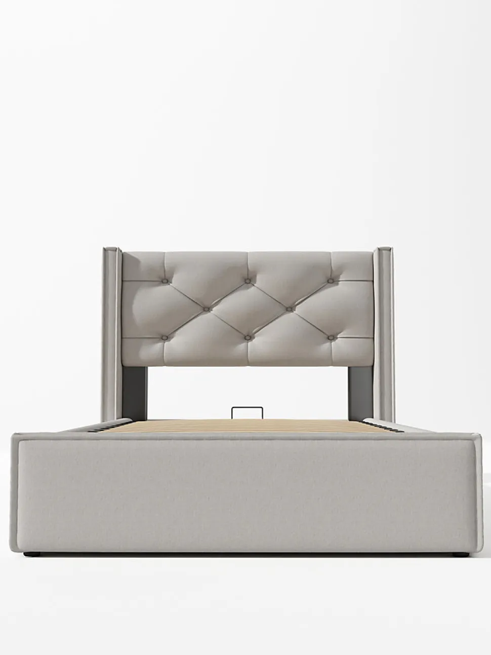 Lit 90x200 cm avec coffre de rangement, tête de lit matelassée en coton gris clair et sommier à lattes