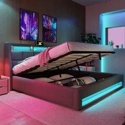 Lit 180x200 cm avec coffre de rangement et sommier relevable, tête de lit tapissée lin gris et LED