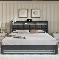 Lit 180x200 cm avec coffre de rangement et sommier relevable, tête de lit tapissée lin gris et LED