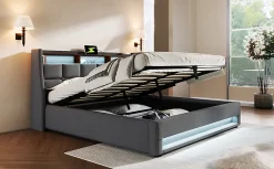 Lit 180x200 cm avec coffre de rangement et sommier relevable, tête de lit tapissée lin gris et LED