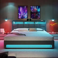 Lit 180x200 cm avec coffre de rangement et sommier relevable, tête de lit tapissée lin gris et LED