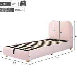 Lit 90x200 cm avec coffre de rangement, tête de lit matelassée 11 cm en velours rose, cadre sécurisé enfant