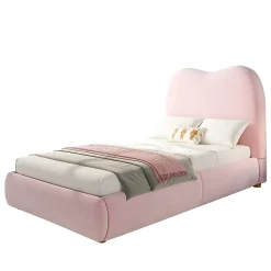 Lit 90x200 cm avec coffre de rangement, tête de lit matelassée 11 cm en velours rose, cadre sécurisé enfant