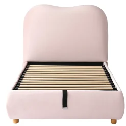 Lit 90x200 cm avec coffre de rangement, tête de lit matelassée 11 cm en velours rose, cadre sécurisé enfant