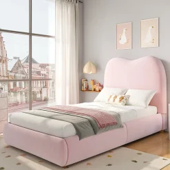 Lit 90x200 cm avec coffre de rangement, tête de lit matelassée 11 cm en velours rose, cadre sécurisé enfant