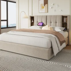 Lit 180x200 cm avec coffre et sommier relevable, tête de lit à niches tapissée lin naturel, style moderne